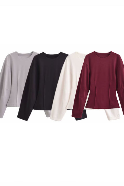 4 Colorway Solid Color Crew Neck Long Sleeve Casual Fashion Tops Blouse for Women