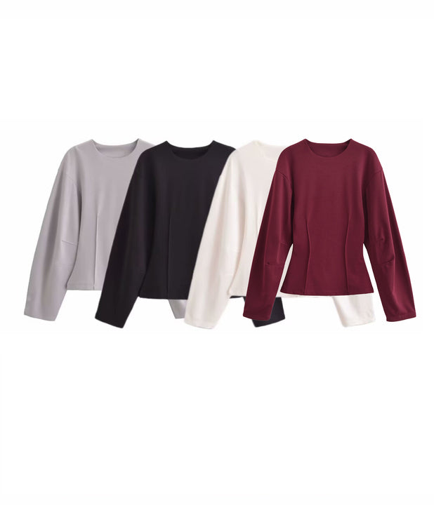 4 Colorway Solid Color Crew Neck Long Sleeve Casual Fashion Tops Blouse for Women