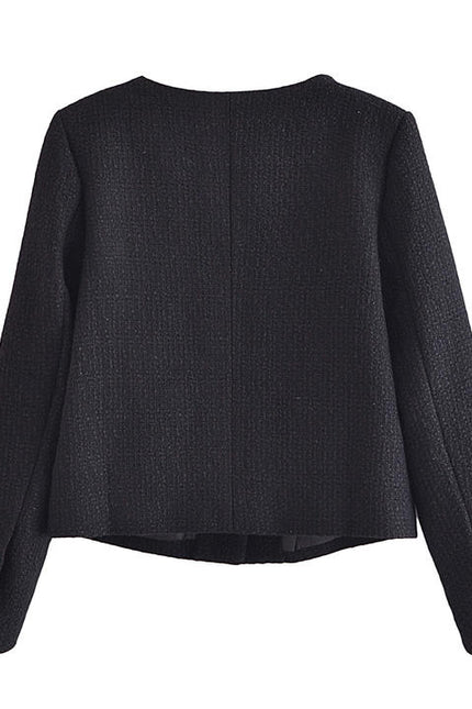 Black Color Crew Neck Cute Design Tweed Jacket Women Fashion Short Trench Coat With Pockets