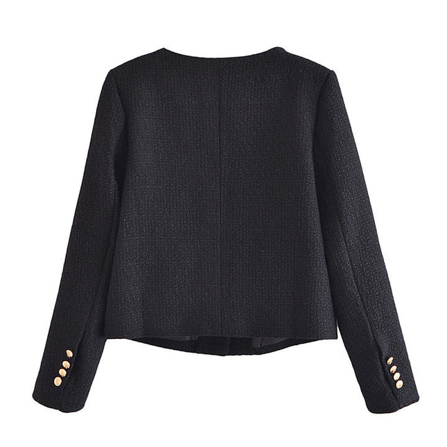 Black Color Crew Neck Cute Design Tweed Jacket Women Fashion Short Trench Coat With Pockets