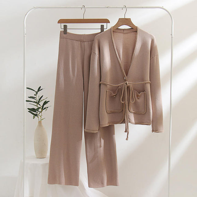Soiling High Quality Winter Autumn Knitted Solid Color Long Sleeve V Neck H Type 2 Piece Set Women Sweater Suit
