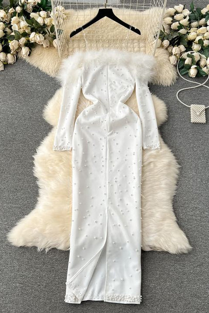 White Black Long Sleeve Strapless Beaded Gowns Women's Party Dresses