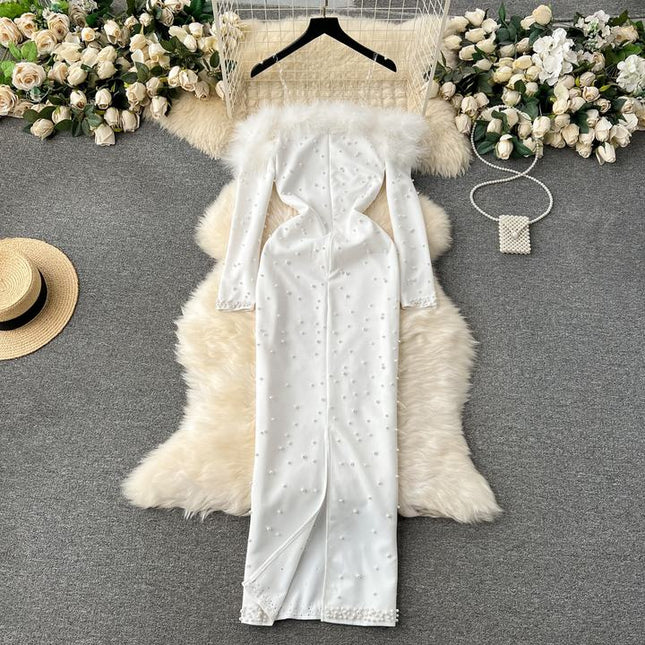 White Black Long Sleeve Strapless Beaded Gowns Women's Party Dresses