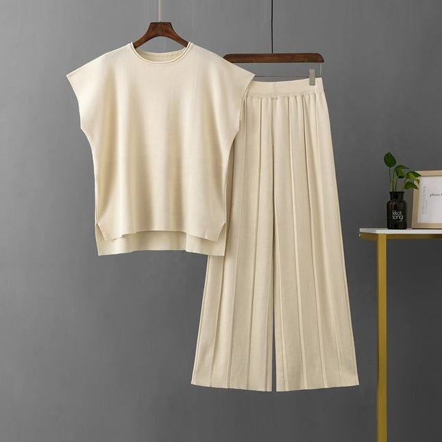 Casual Suit Women's Summer New Solid Color Sleeveless Vest Knit Wide Leg Trouser Suit