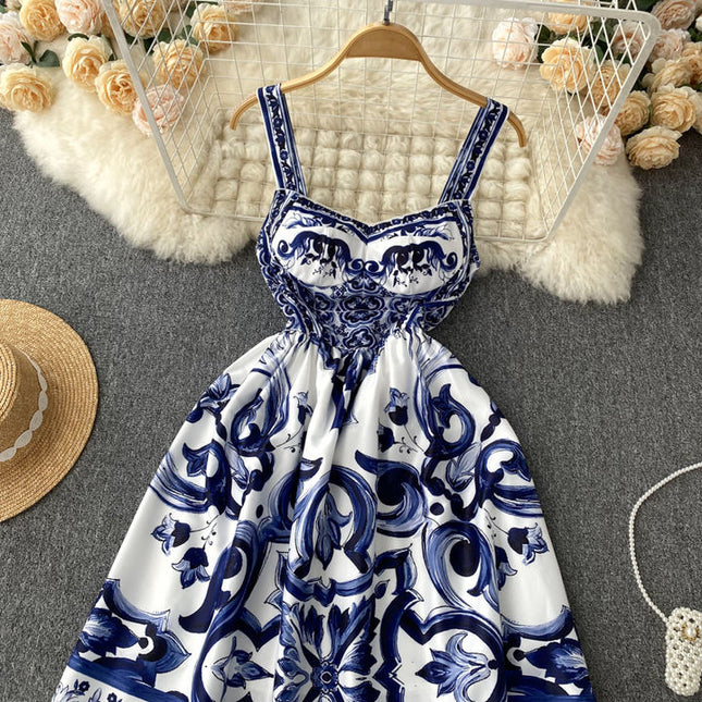 Sleeveless Print A-line Dress Summer Simple High Waist Maxi Dress Ladies Elegant Dresses Clothes Women Wholesale