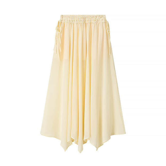 Crew Neck Front Ruffle Long Sleeve Blouse Yellow Color Long Skirt Causal Fashion Women 2 Piece Set