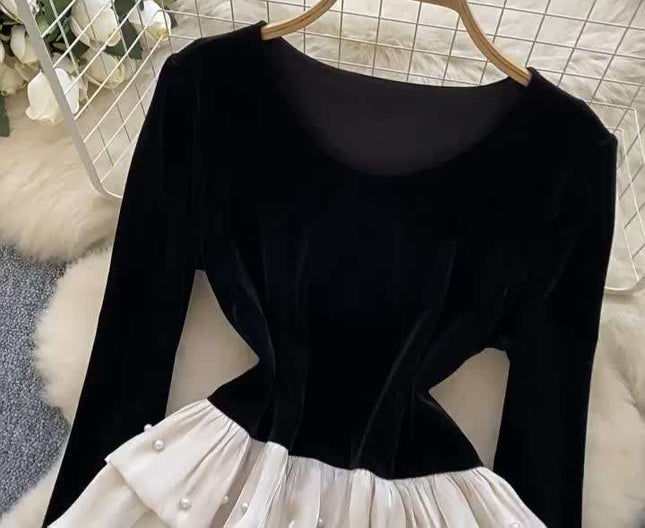 Senior Nail Drill Lotus Leaf Hem Splicing Long Sleeve Top High Waist Skirt Two Sets