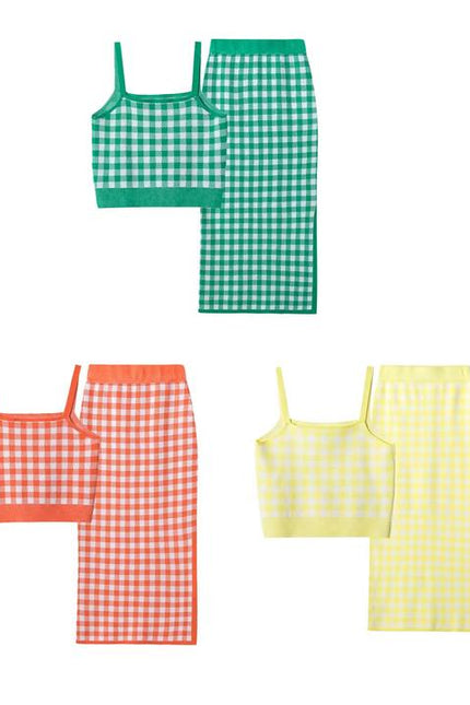 3 Colorway Plaid Pattern Spaghetti Strap Crop tank Top Long Knitted Skirt Casual Fashion Women 2 Piece Set