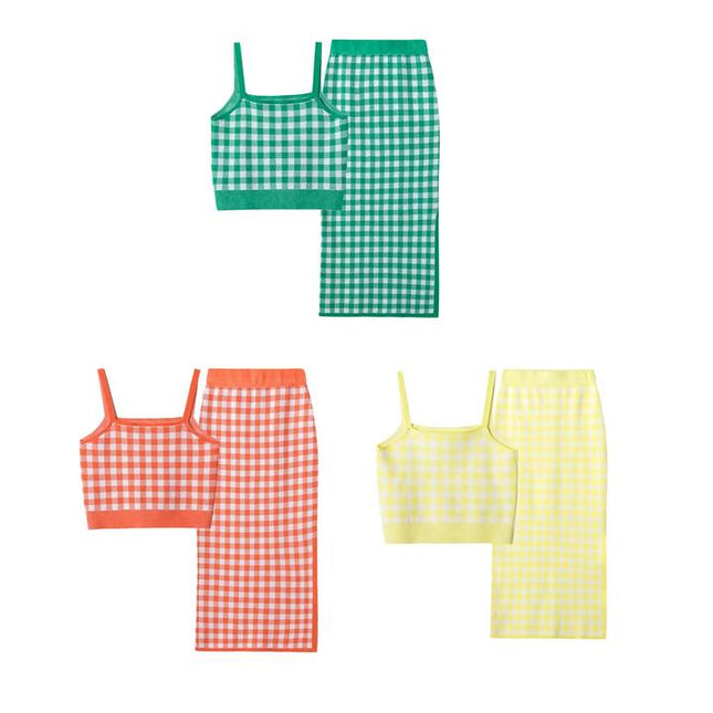 3 Colorway Plaid Pattern Spaghetti Strap Crop tank Top Long Knitted Skirt Casual Fashion Women 2 Piece Set