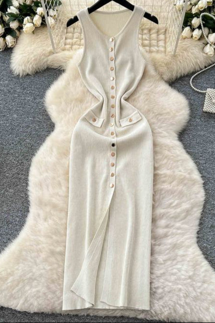 Sexy Long Knitted Dresses Summer Clothing Mulheres Apertado Casual Elegante Sem Mangas Botão Knit Maxi Dress