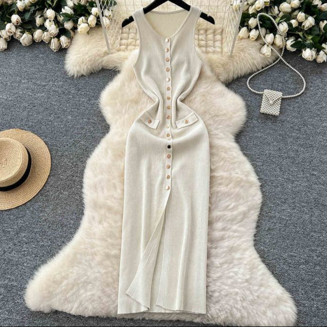 Sexy Long Knitted Dresses Summer Clothing Mulheres Apertado Casual Elegante Sem Mangas Botão Knit Maxi Dress
