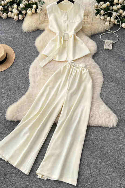 Round Neck Sleeveless Vest Women High Waist Casual Wide Leg Pants Summer Two Piece Suit