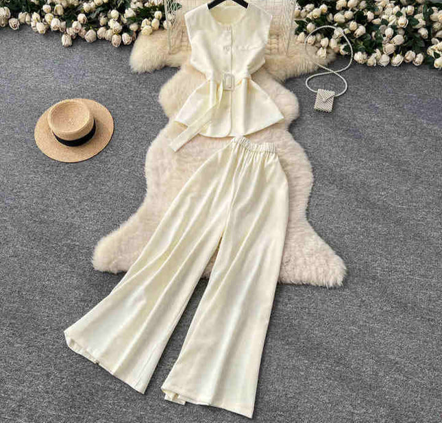 Round Neck Sleeveless Vest Women High Waist Casual Wide Leg Pants Summer Two Piece Suit