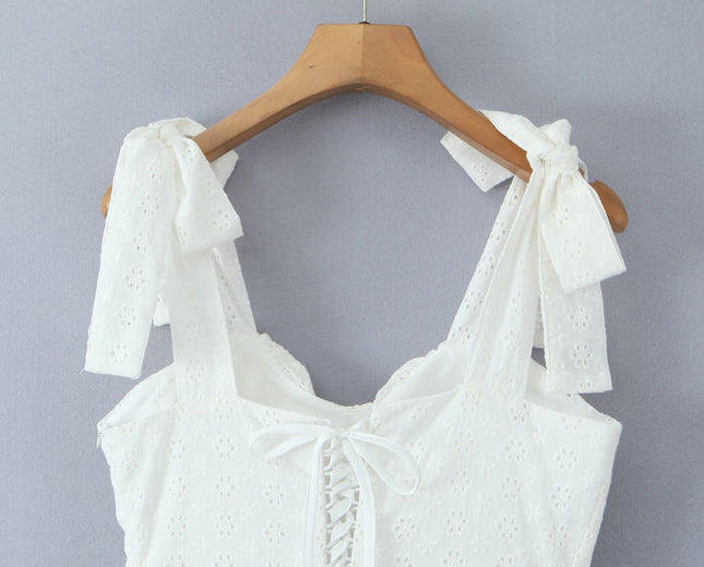 2 Colorway Solid Color Shoulder Strap Embroidery Casual Fashion Cotton Mini Dress for Women