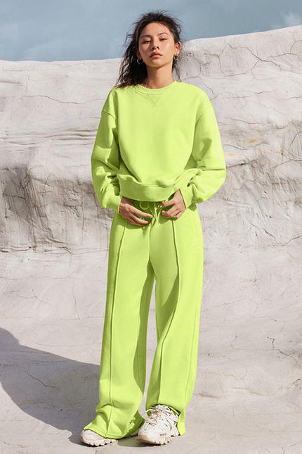 PASUXI New Fashion Round Neck Solid Workout Sets for Women Long Sleeve and Wide Leg Pants Gym Wear Set