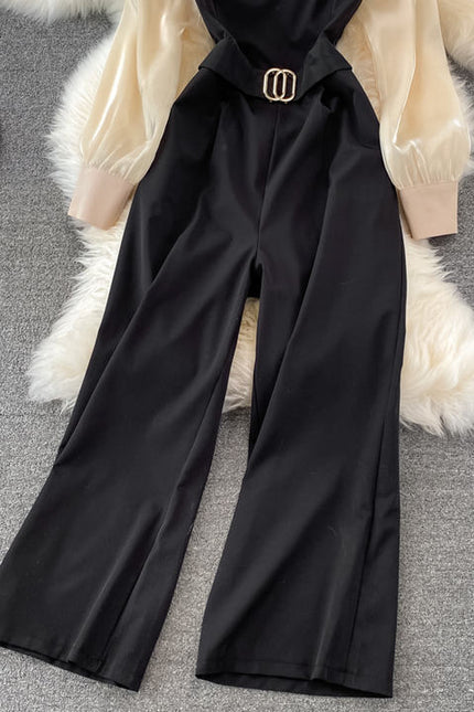 Fashion Long Sleeve Ruffle Women Spring Autumn High Waist Straight Wide Leg Jumpsuit