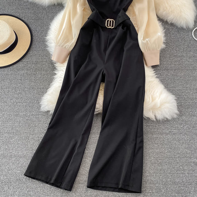 Fashion Long Sleeve Ruffle Women Spring Autumn High Waist Straight Wide Leg Jumpsuit