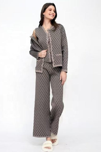 Retro Jacquard Set Women's Fragrant Style Sleeveless Knitted Shoulder Sweater Cardigan Coat Wide Leg Pants 3-Piece Set