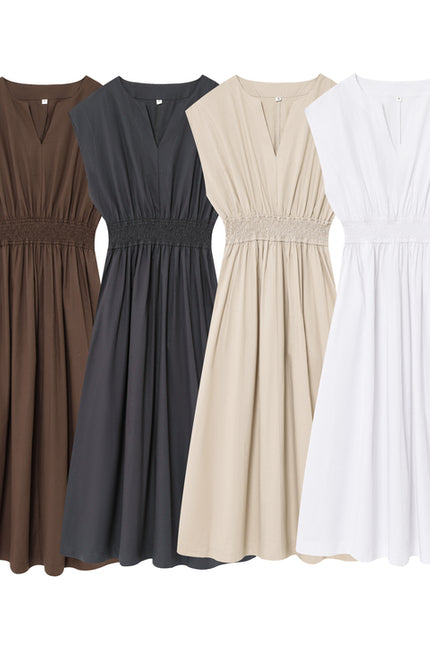 4 Colorway Elastic Waist Solid Color Crew Neck Casual Fashion Long Dress for Women