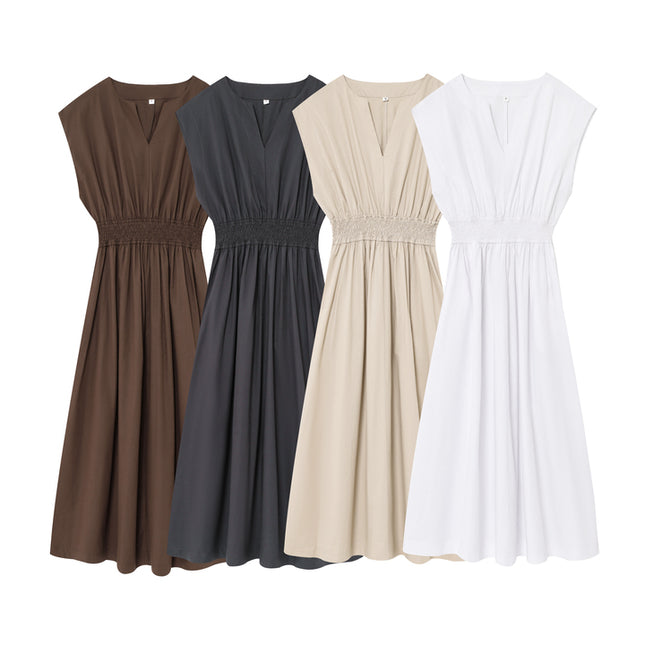 4 Colorway Elastic Waist Solid Color Crew Neck Casual Fashion Long Dress for Women