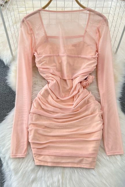 Spicy Girl Sexy Long Sleeve Square Neck Waist Shrinking Mesh Perspective 3D Flower Wrap Hip Dress