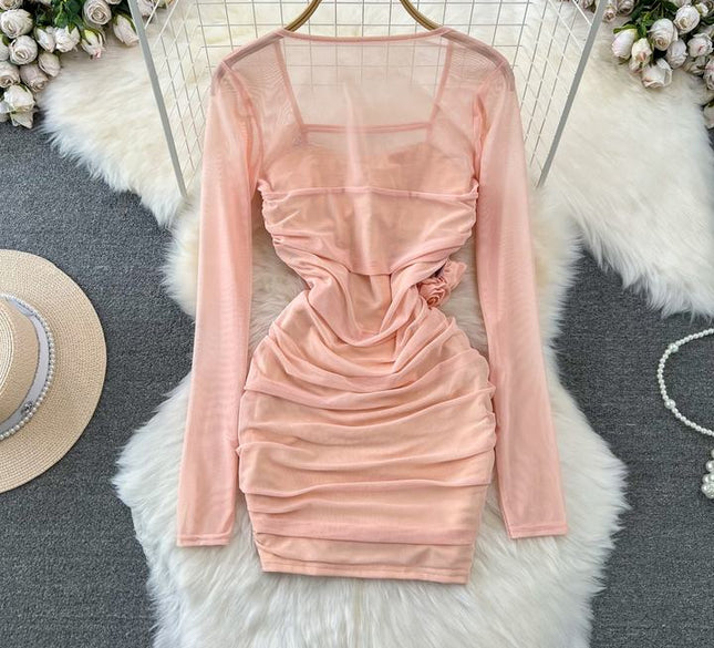 Spicy Girl Sexy Long Sleeve Square Neck Waist Shrinking Mesh Perspective 3D Flower Wrap Hip Dress