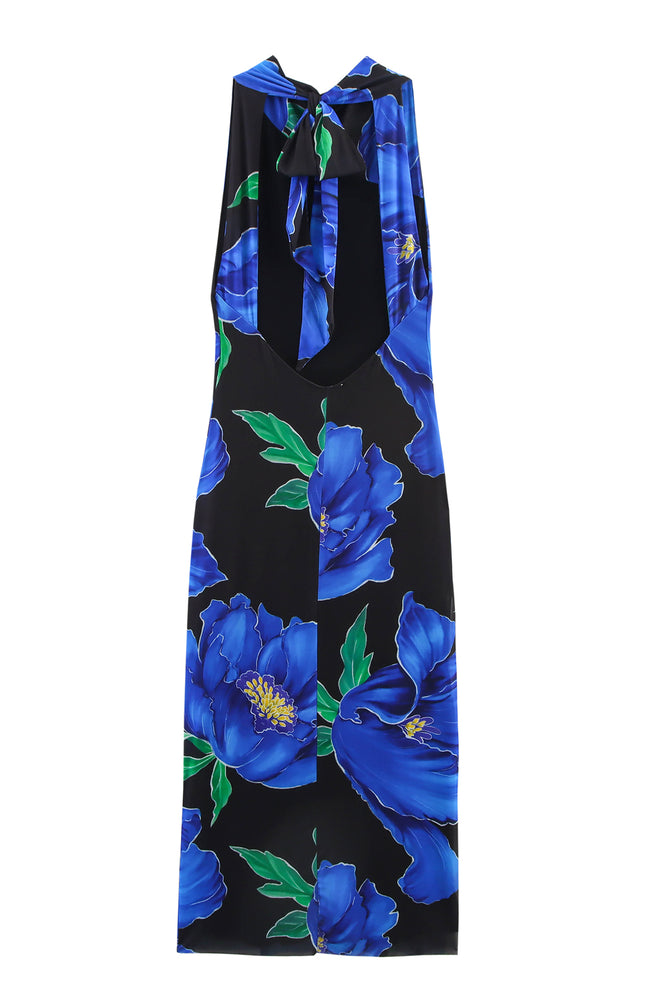 Floral Print Black Blue Color Back Hollow Out Sleeveless Summer Long Halter Dress for Women