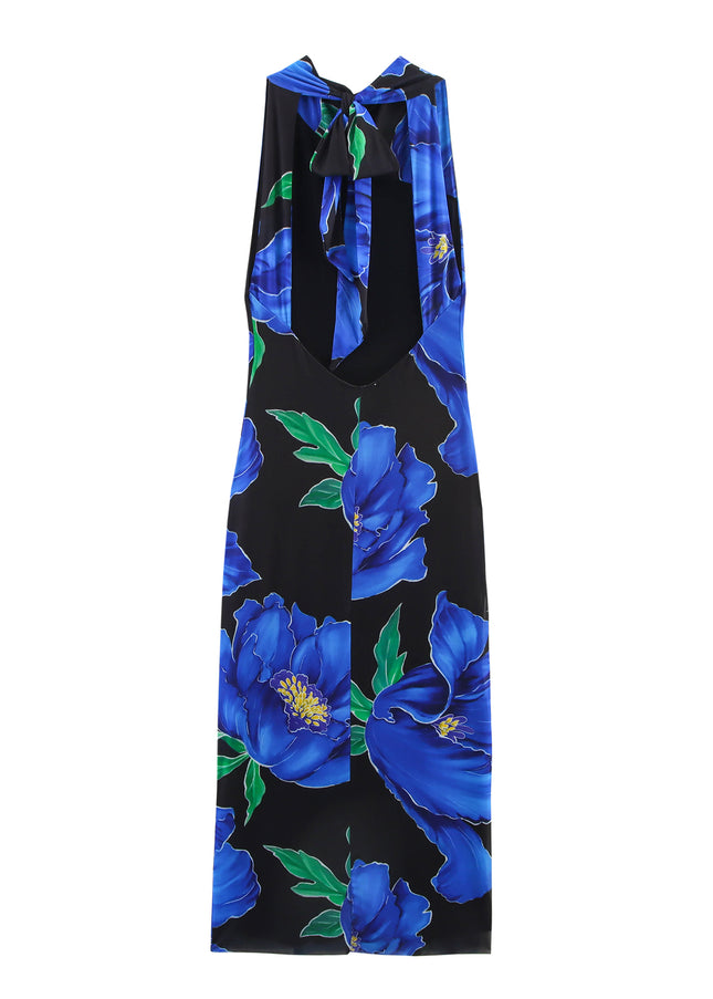 Floral Print Black Blue Color Back Hollow Out Sleeveless Summer Long Halter Dress for Women