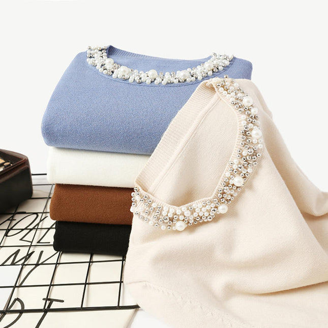 Wholesale New Autumn Winter Beaded Pullover Sweater Women's Round Neck Long-sleeved Sweater Loose Thin Sweater