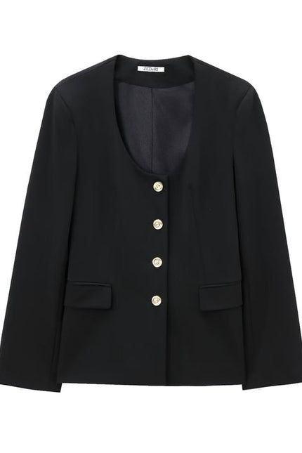 Black Color Single Breasted Long Sleeve Crew Neck Casual Fashion Jacket for Women