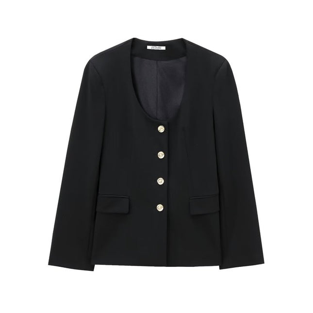 Black Color Single Breasted Long Sleeve Crew Neck Casual Fashion Jacket for Women