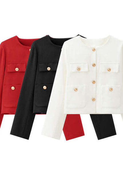 3 Colorway ekip boyun tek göğüslü uzun kollu düz renk rahat moda ceket kadınlar için