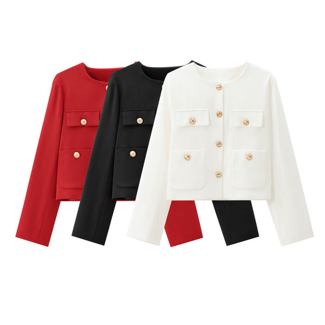 3 Colorway ekip boyun tek göğüslü uzun kollu düz renk rahat moda ceket kadınlar için