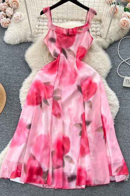 2024 Summer Fashion Waistband Slim Mid Length Halo Dyed Pink Print Strap Dress Beach Resort Dress