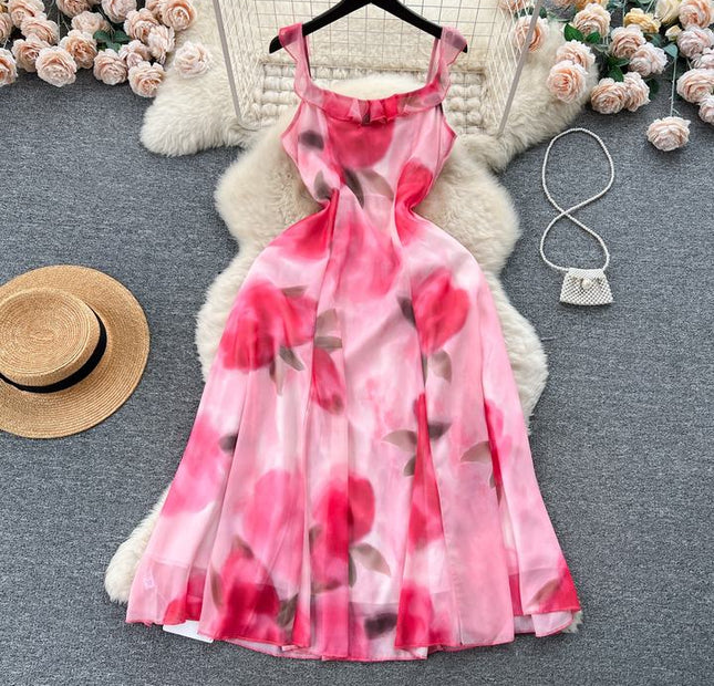 2024 Summer Fashion Waistband Slim Mid Length Halo Dyed Pink Print Strap Dress Beach Resort Dress