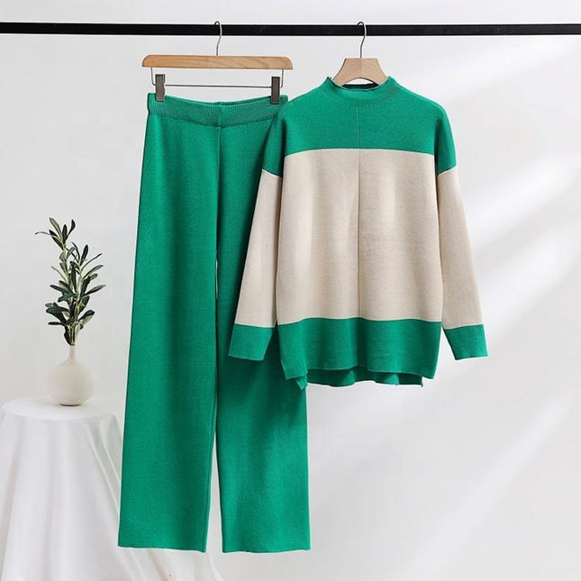 Women's Suit 2023 Autumn New Combination Contrast Knitted Top+pants Two Piece Set