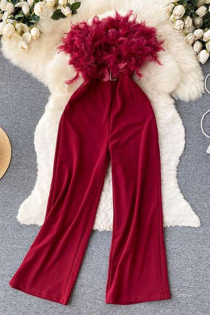 Luxury Feather Tassel Tube Top Jumpsuit Women High Waist Slimming Playsuits Lady Straight Wide Leg Jumpsuit Summer