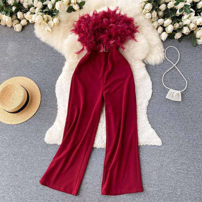 Luxury Feather Tassel Tube Top Jumpsuit Women High Waist Slimming Playsuits Lady Straight Wide Leg Jumpsuit Summer