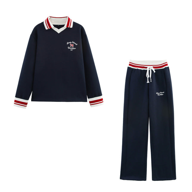 Turn Down Collar Navy Color Long Sleeve Letter Embroidery Casual Fashion Polo Shirt Sweatshirt for Women