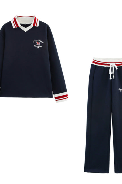 Turn Down Collar Navy Color Long Sleeve Letter Embroidery Casual Fashion Polo Shirt Sweatshirt for Women