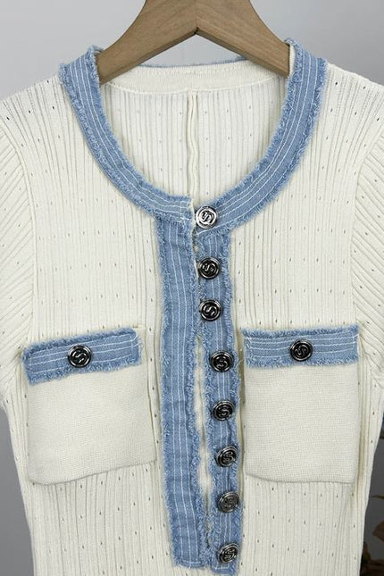 French Fashion Summer Models Denim Splicing Collision Color Knitted Dress Slim Long Dresses for Women