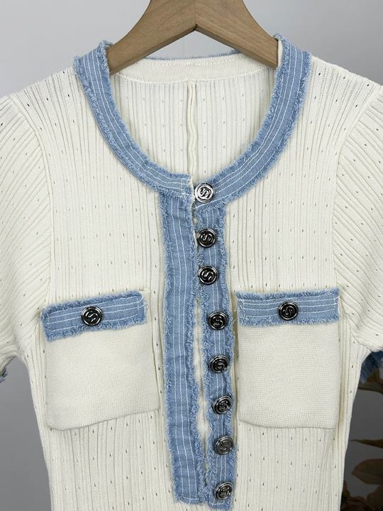 French Fashion Summer Models Denim Splicing Collision Color Knitted Dress Slim Long Dresses for Women