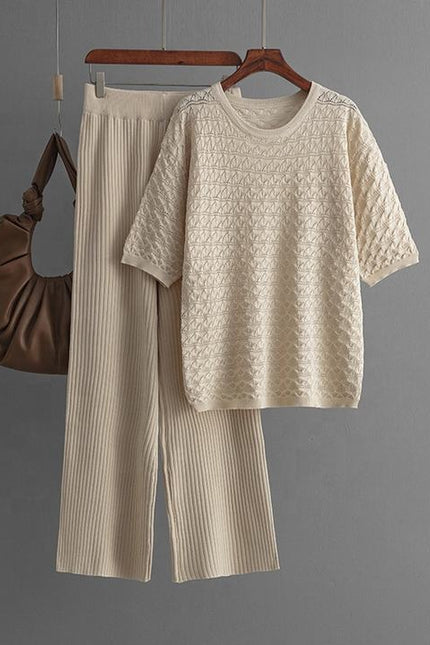Summer New Solid Color Hollow Casual Round Neck Fashion Suit Short Sleeve Trousers Knit Two-piece Set