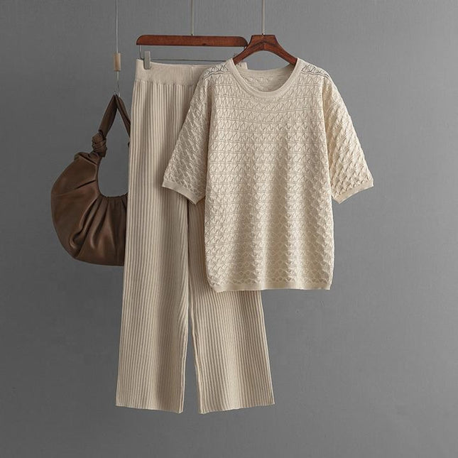 Summer New Solid Color Hollow Casual Round Neck Fashion Suit Short Sleeve Trousers Knit Two-piece Set