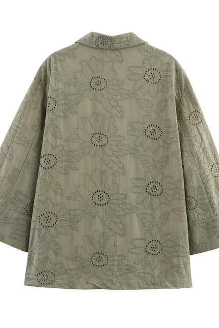 Embroidery Green Color Three Quarter Sleeve Single Buttons Notched Collar Casual Fashion blazer Jacket for Women