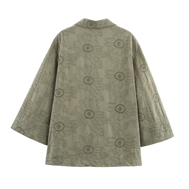 Embroidery Green Color Three Quarter Sleeve Single Buttons Notched Collar Casual Fashion blazer Jacket for Women