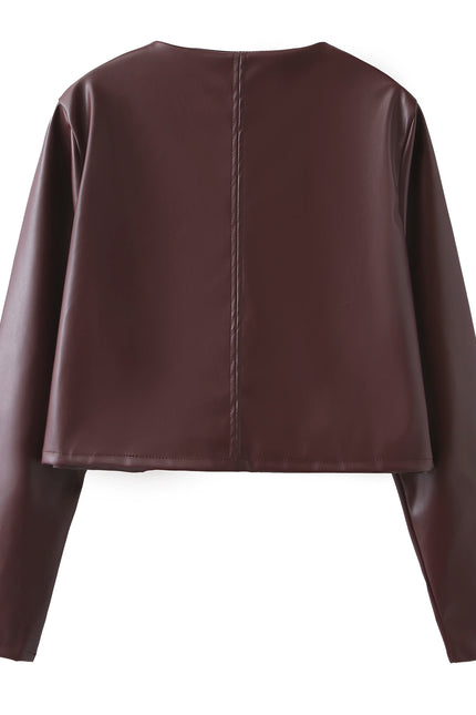 Crew Neck Burgundy Color Single Breasted Long Sleeve Casual Fashion PU Leather Jacket for Women