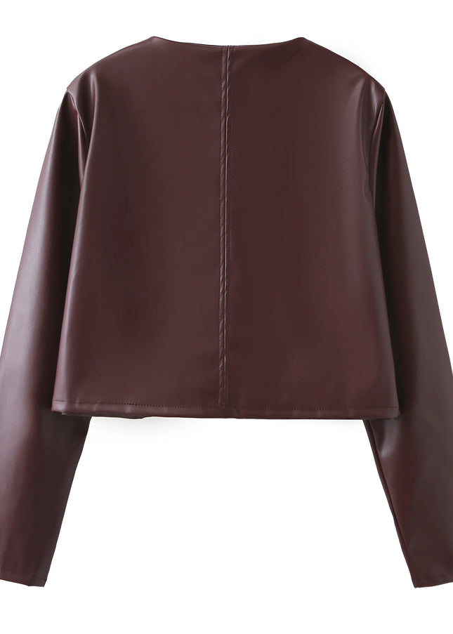 Crew Neck Burgundy Color Single Breasted Long Sleeve Casual Fashion PU Leather Jacket for Women