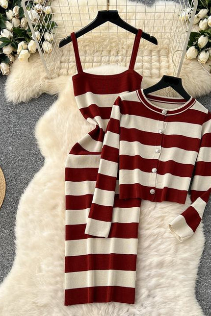 Striped Cardigan Coat Two-piece Dress for Women Vintage Charm Elegant Temperament Slimming Effect Sexy Form-fitting Maxi Dress