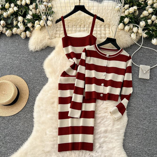 Striped Cardigan Coat Two-piece Dress for Women Vintage Charm Elegant Temperament Slimming Effect Sexy Form-fitting Maxi Dress